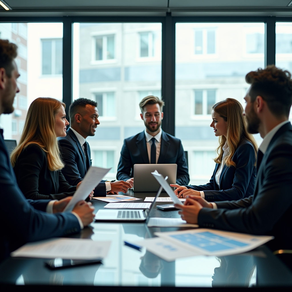 Professionelle Geschäftsleute in modernem Konferenzraum diskutieren Factoring-Strategien, im Vordergrund Finanzberichte und Laptops, helle Büroatmosphäre mit großen Fenstern, Business-Kleidung, konzentrierte Arbeitsatmosphäre