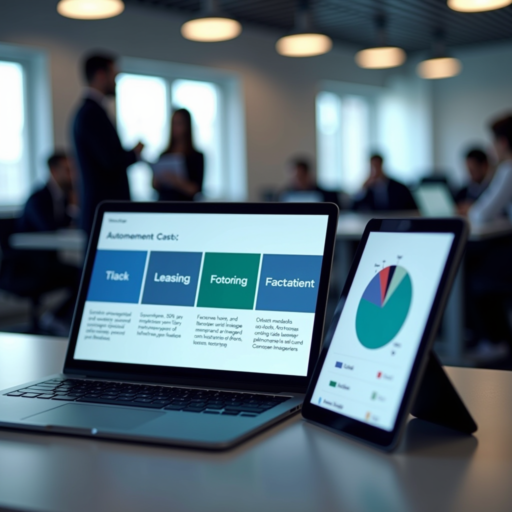 Moderne digitale Finanzdienstleistungsplattform mit Laptop und Tablet, die automatisierte Leasing- und Factoring-Prozesse zeigen, professionelles Büroumfeld mit Geschäftsleuten im Hintergrund, hochwertige Fotografie