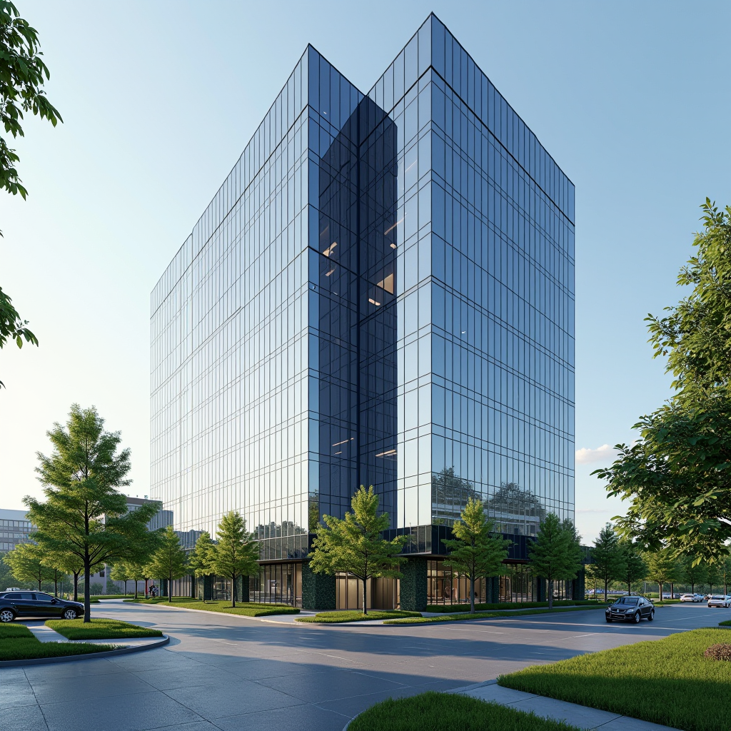 Modernes Bürogebäude mit Glasfassade und professioneller Architektur, umgeben von gepflegten Grünflächen, symbolisiert hochwertige Gewerbeimmobilien und erfolgreiche Unternehmensstandorte