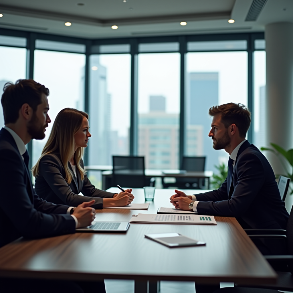 Geschäftsleute in modernem Konferenzraum diskutieren Factoring-Strategien, Dokumente und Finanzberichte auf dem Tisch, professionelle Atmosphäre mit Fokus auf Liquiditätsoptimierung und Forderungsmanagement