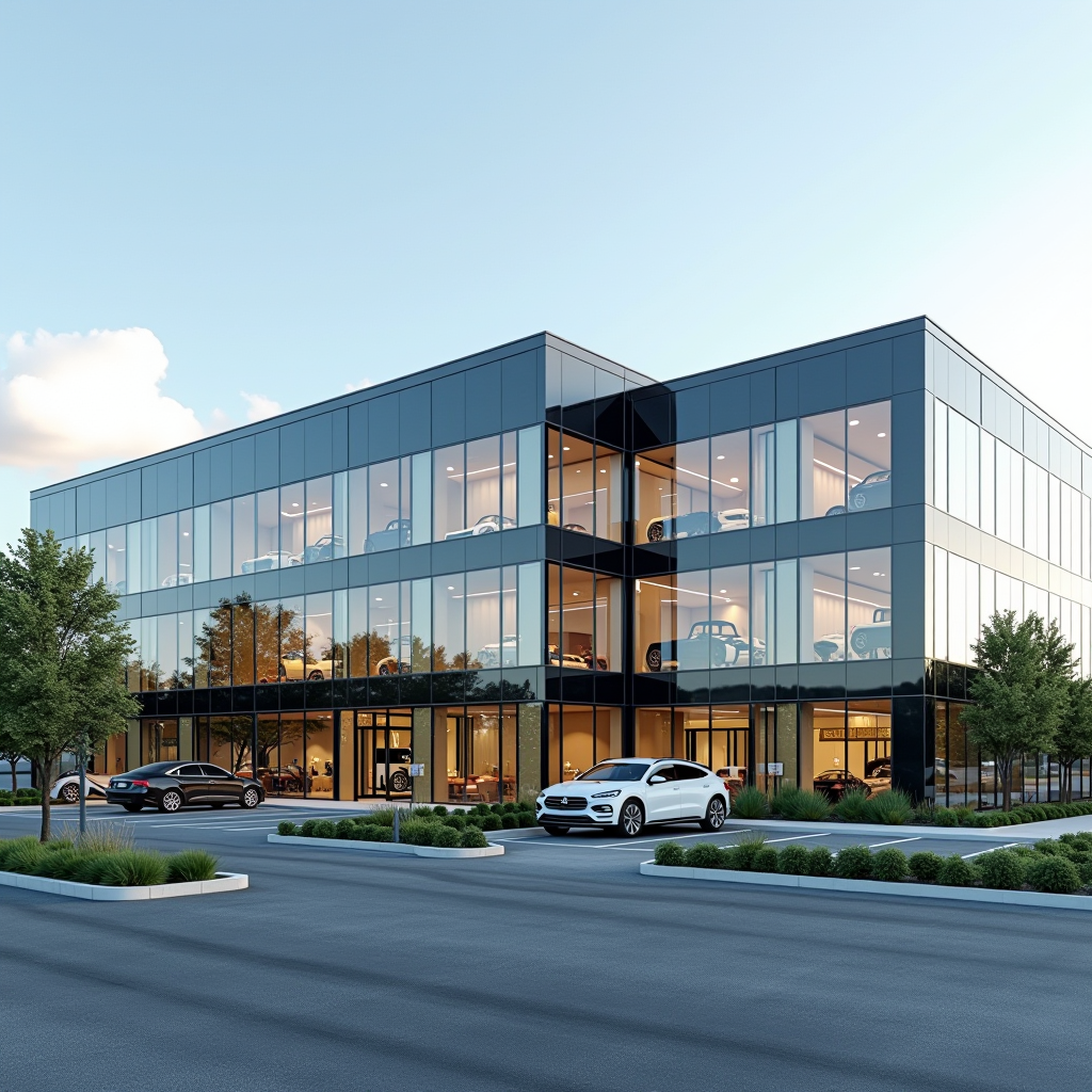Modernes Gewerbegebäude und Bürokomplex mit Glasfassade, professionelle Geschäftsimmobilie mit Parkplatz und gepflegter Außenanlage für Unternehmensstandorte